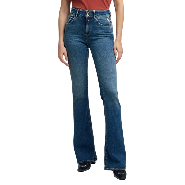 Replay Newluz Flare vaqueros de mujer en denim azul vista frontal