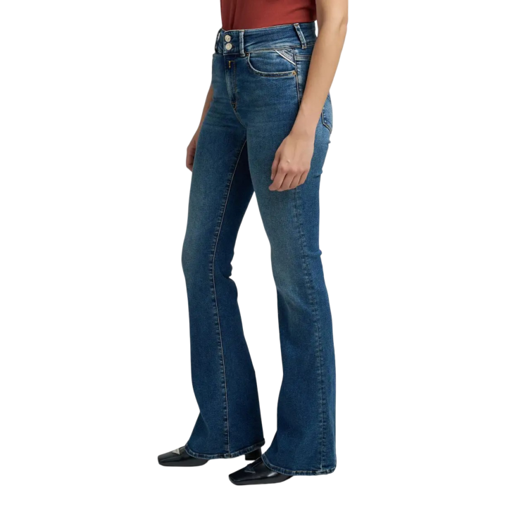 Replay Newluz Flare vaqueros de mujer en denim azul vista tres cuartos