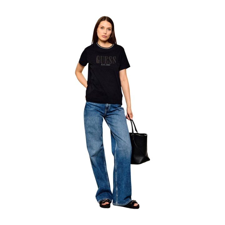 Guess vaqueros wide leg para mujer en denim azul vista de tres cuartos