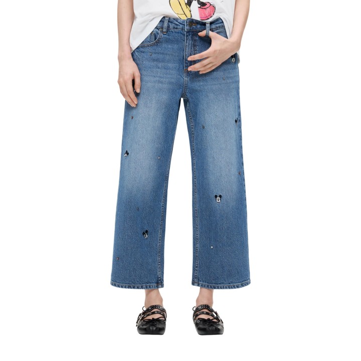 Desigual vaqueros de mujer en denim azul con estampado Mickey vista frontal