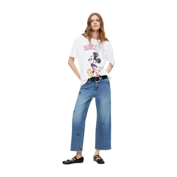 Desigual vaqueros de mujer en denim azul con estampado Mickey vista frontal