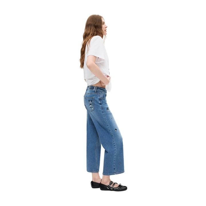 Desigual vaqueros de mujer en denim azul con estampado Mickey vista lateral