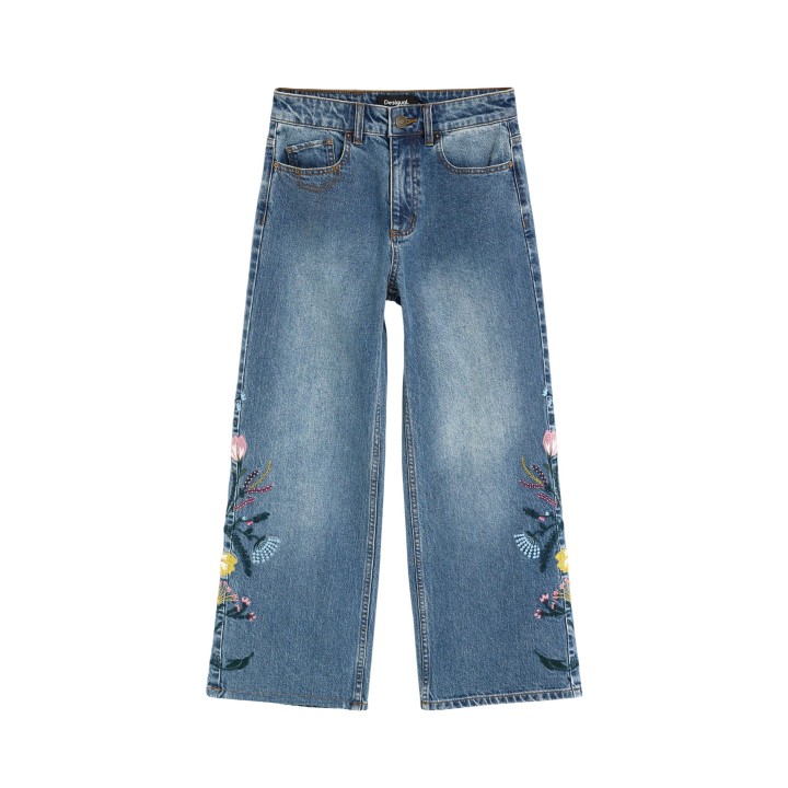 Desigual vaqueros de mujer denim azul con bordado floral vista frontal