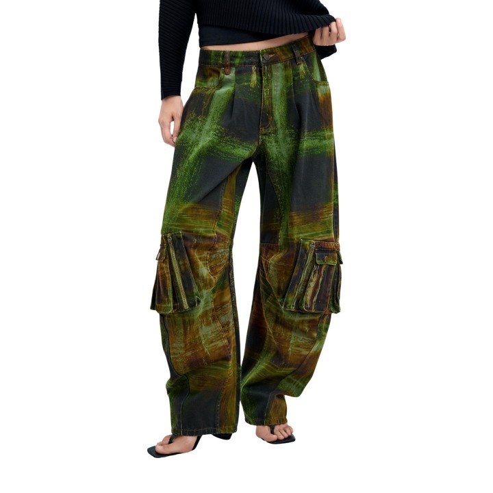 Desigual pantalón de mujer verde estampado detalle frontal