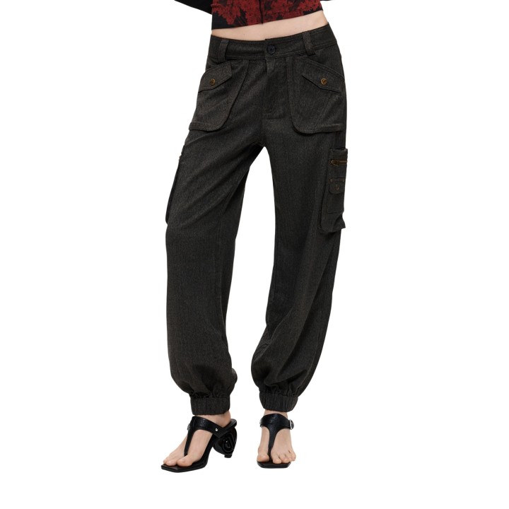 Desigual pantalón de mujer marrón oscuro detalle frontal con bolsillos cargo