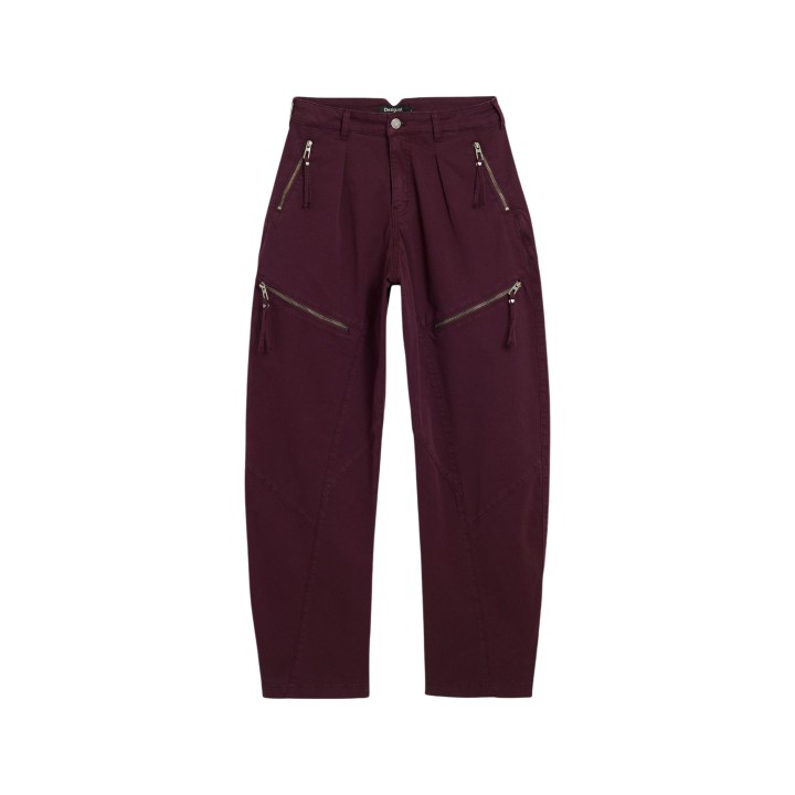 Pantalón Desigual de mujer bordeaux con cremalleras vista frontal