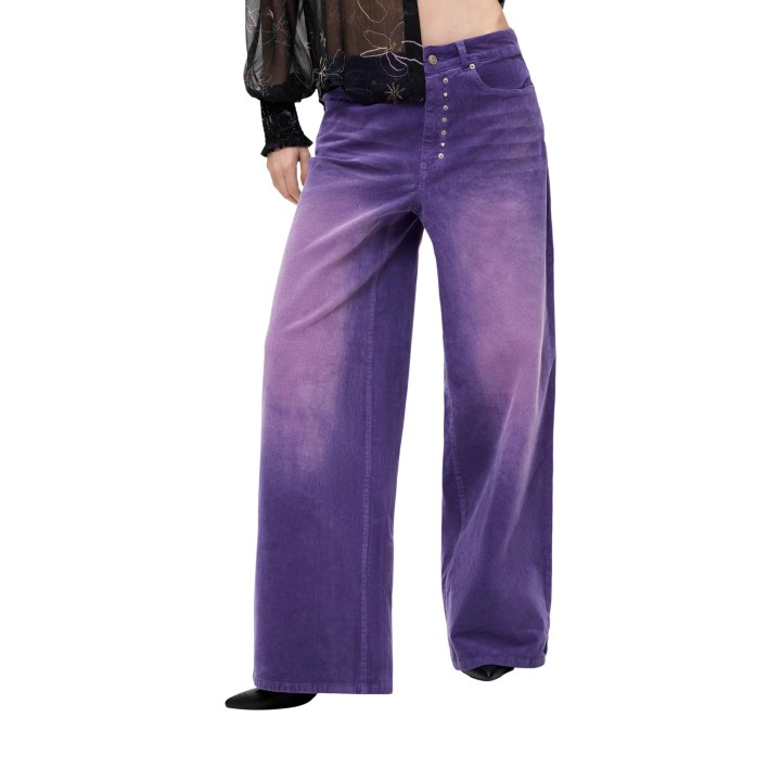 Desigual pantalón de mujer violeta de pana detalle frontal