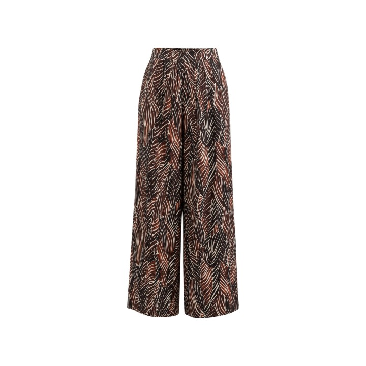 I am pantalón de mujer marrón de viscosa con estampado geométrico floral en detalle frontal