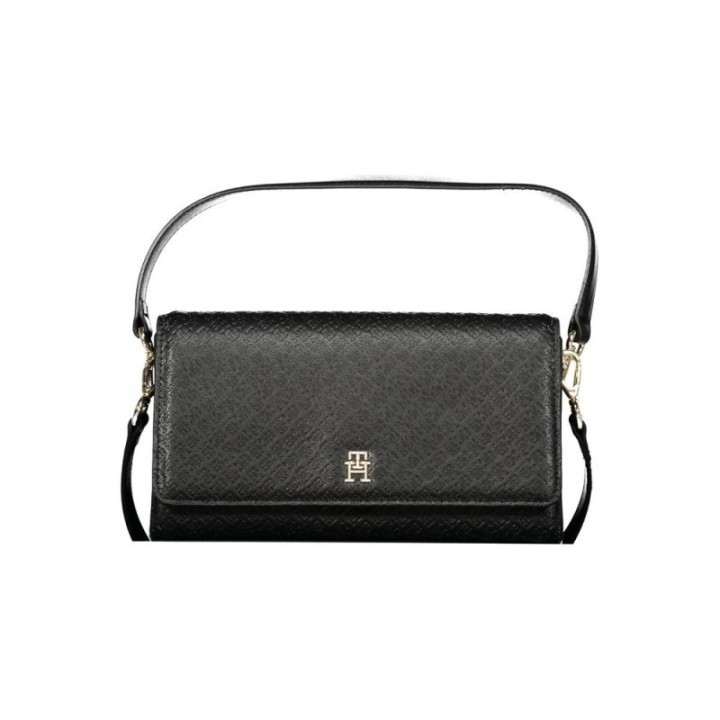 bolso negro de polietileno para mujer Tommy Hilfiger vista frontal con asa corta y bandolera desmontable