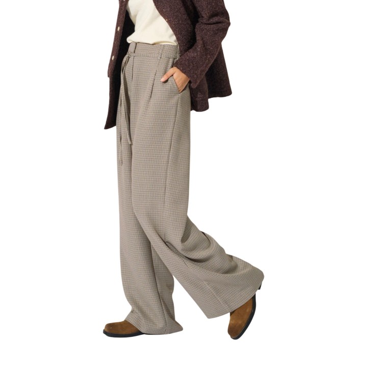 Only pantalón de mujer palazzo a cuadros color coffee vista lateral