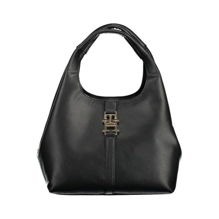 bolso negro de polietileno para mujer Tommy Hilfiger vista frontal con logo dorado