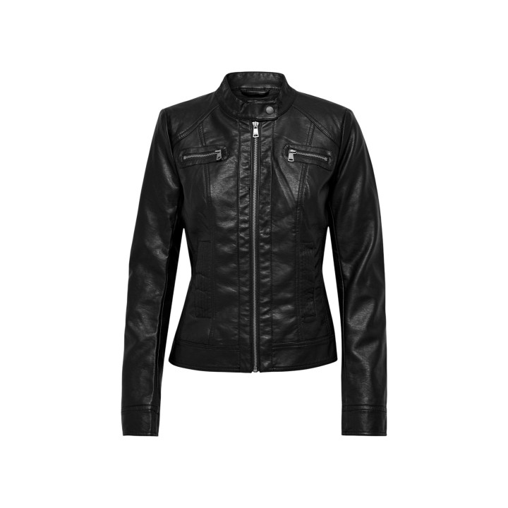 Only chaqueta biker de mujer negra de cuero sintético vista frontal