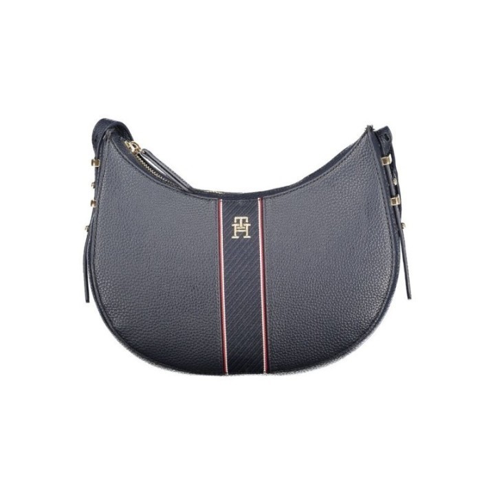 bolso hobo azul para mujer Tommy Hilfiger vista frontal con logo y detalle de cinta central