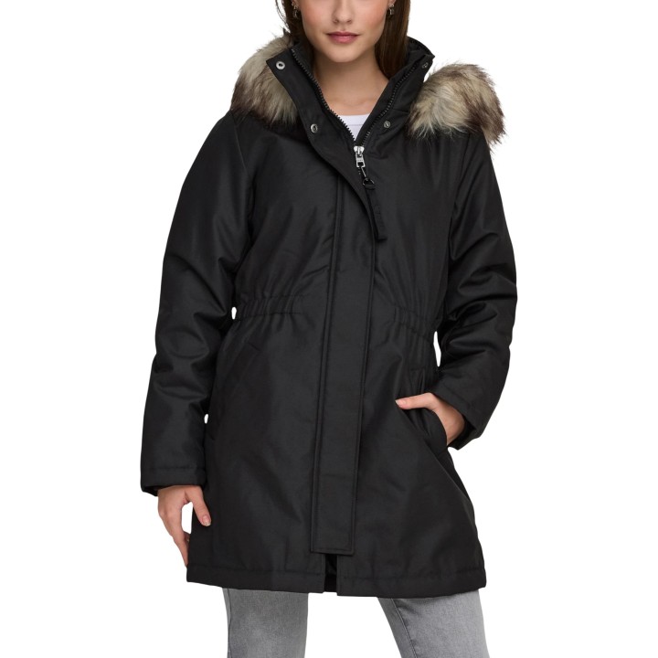 Parka negra de mujer Only con capucha y pelo vista de tres cuartos