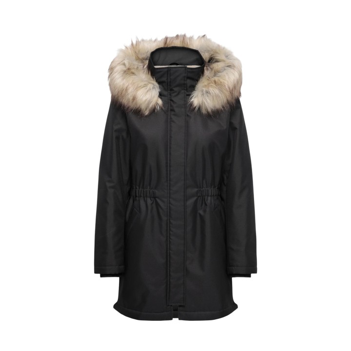 Parka negra de mujer Only con capucha y pelo vista frontal