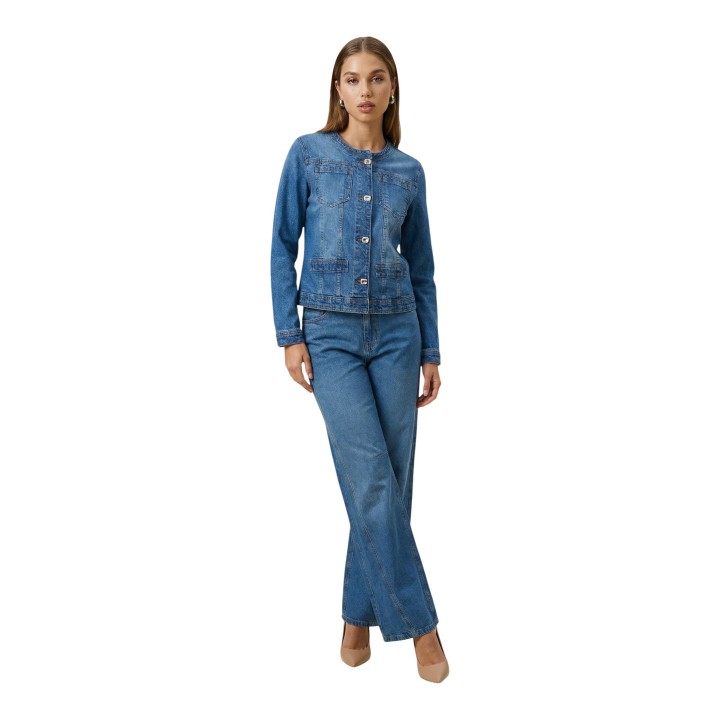 Chaqueta de mujer I am en denim azul SLE6GB025390D vista tres cuartos