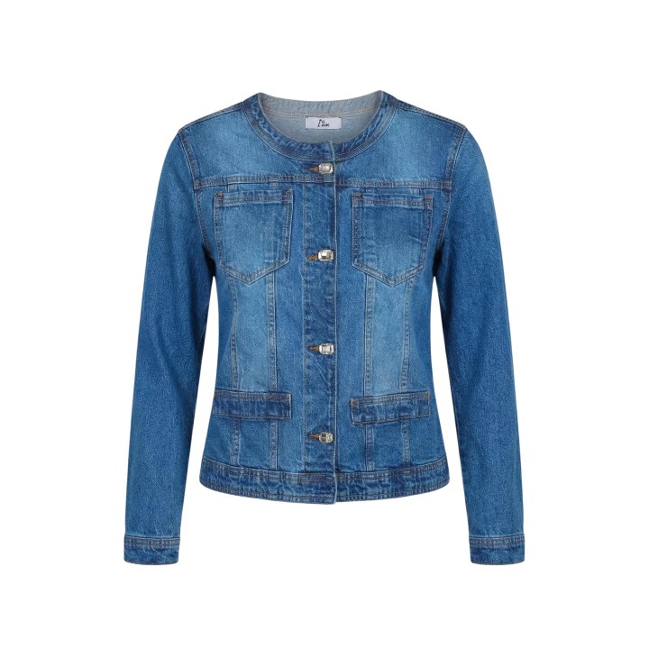 Detalle frontal de chaqueta de mujer I am en denim azul SLE6GB025390D