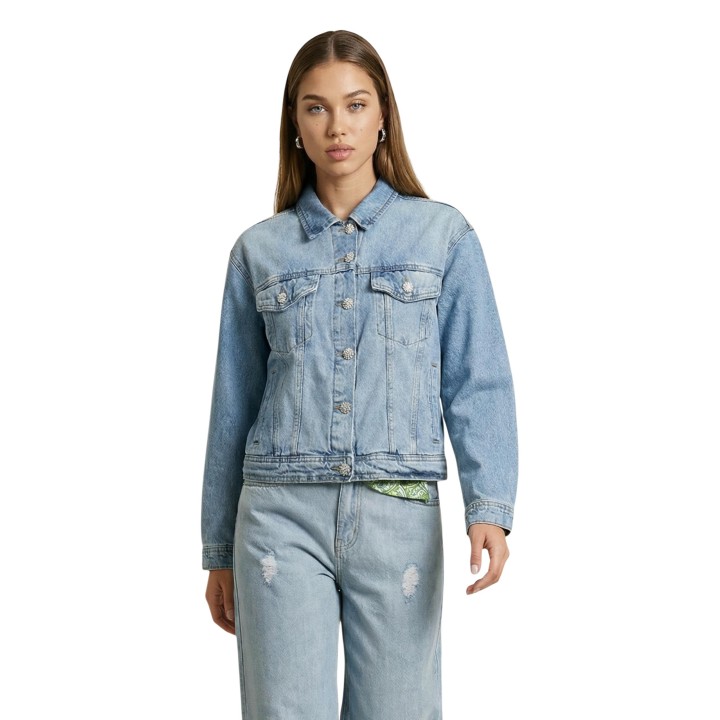 Chaqueta de mujer I am en denim claro con botones joya vista frontal