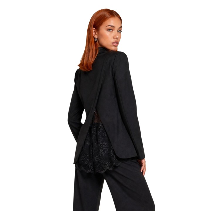 Blazer negro de lycra con encaje I am para mujer vista posterior