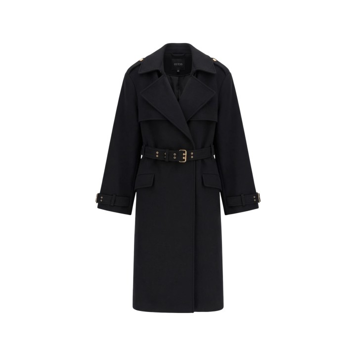 Abrigo negro de mujer Guess Eve Melton Trench vista frontal de la prenda