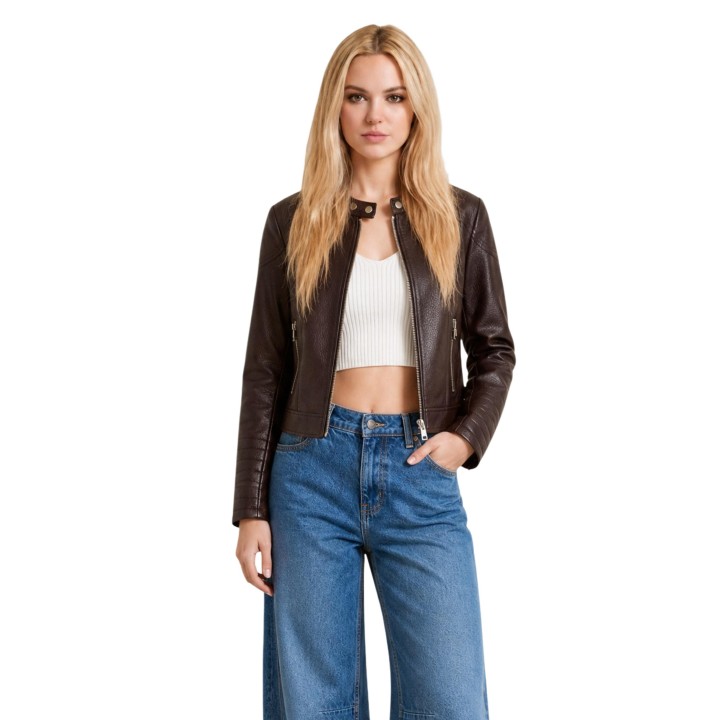 Guess chaqueta de mujer Marlene Caribou marrón de PU vista frontal