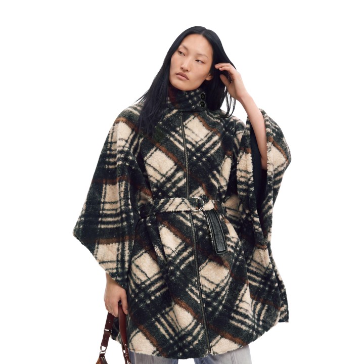 Desigual chaqueta poncho de mujer gris oscuro estampado de cuadros vista frontal