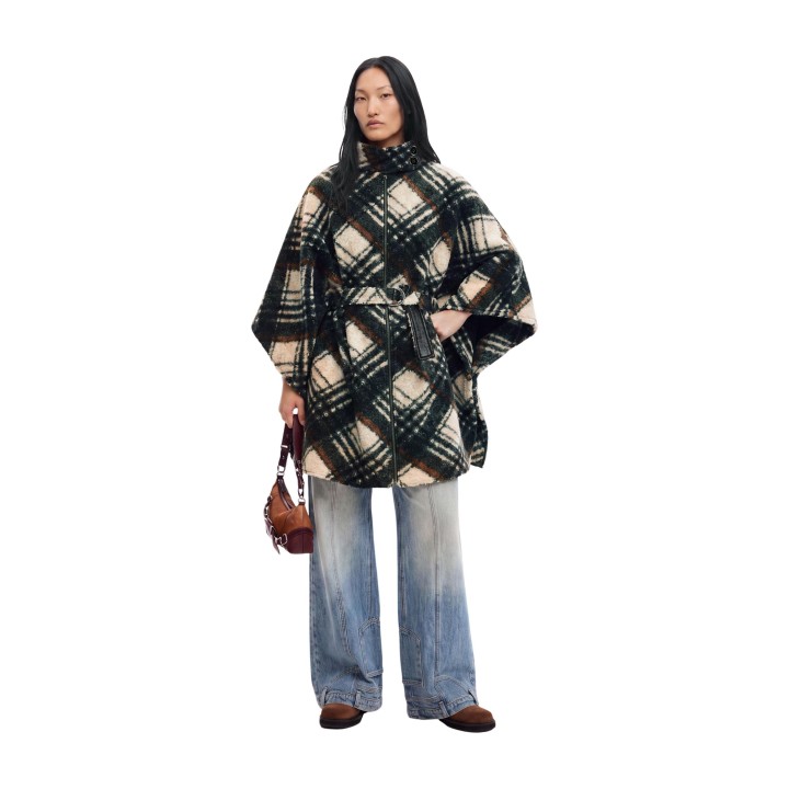 Desigual chaqueta poncho de mujer gris oscuro estampado de cuadros vista de tres cuartos