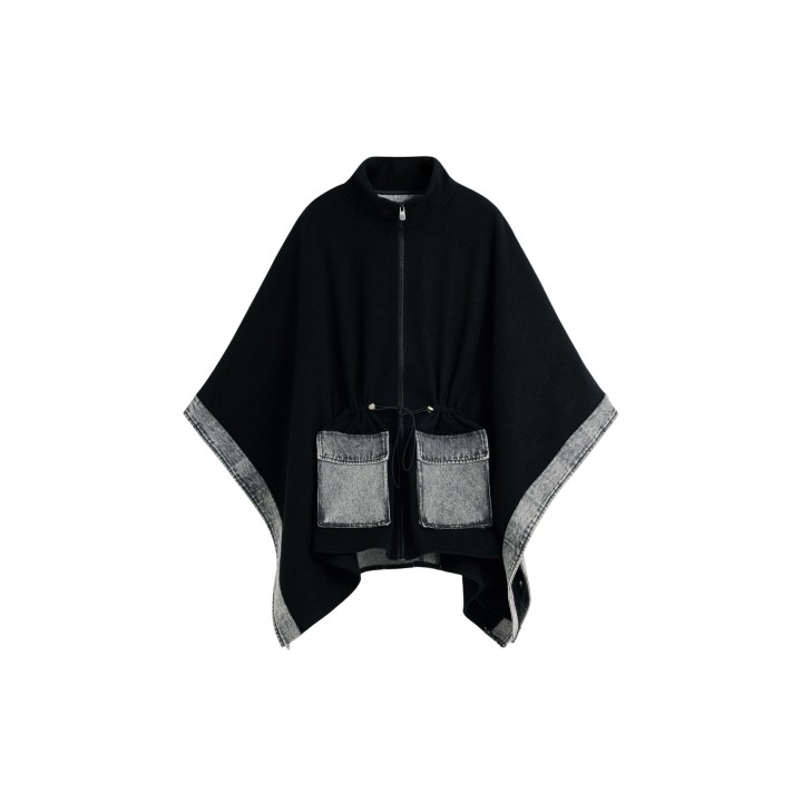 Desigual chaqueta poncho de mujer negra con detalles denim gris vista frontal