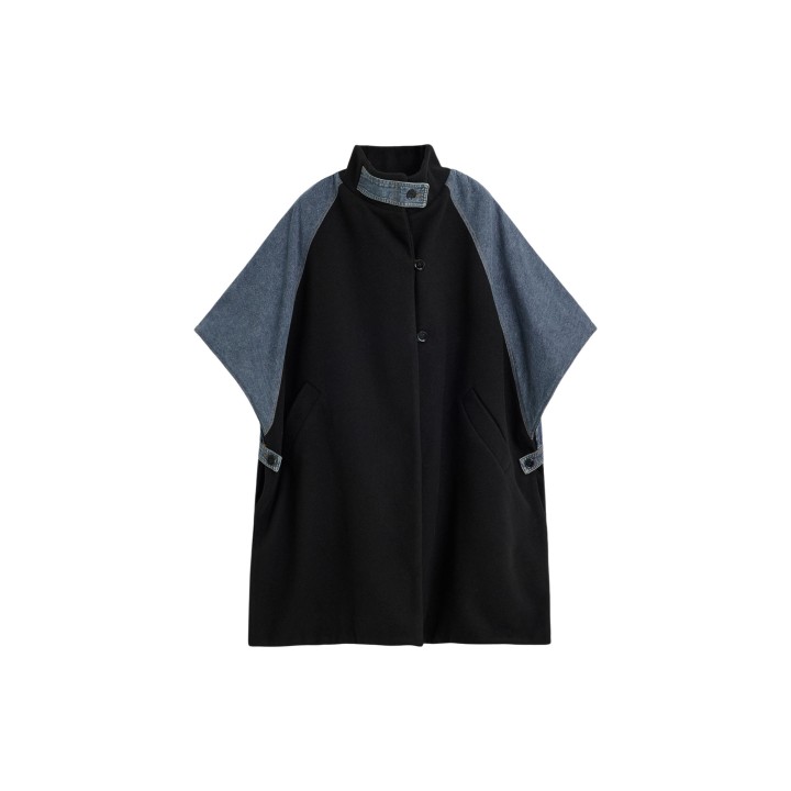 Desigual poncho tipo chaqueta de mujer negro y denim azul vista frontal