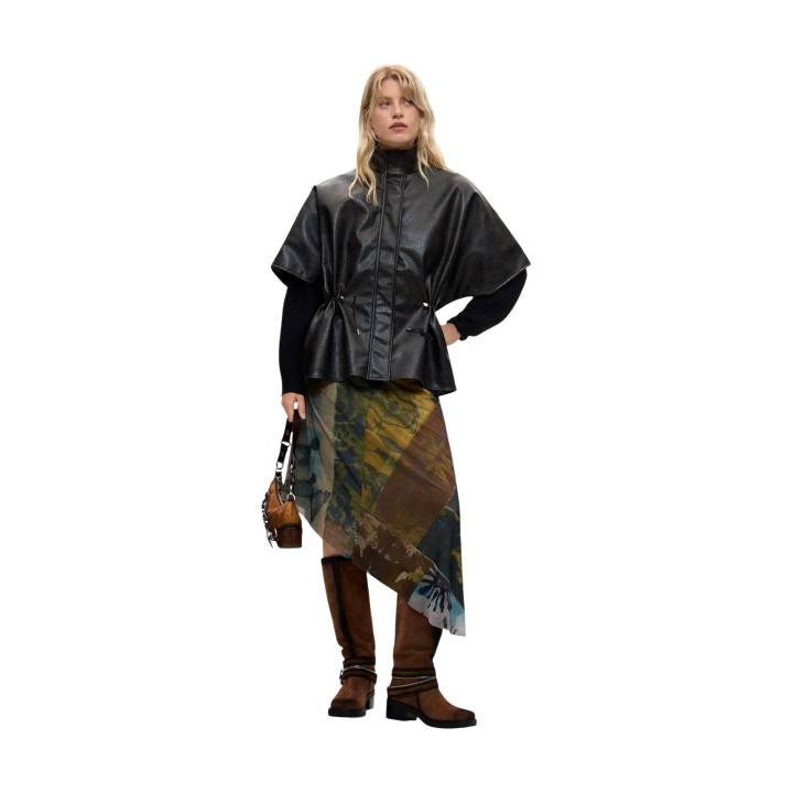 Desigual poncho chaqueta de mujer marrón efecto piel vista frontal