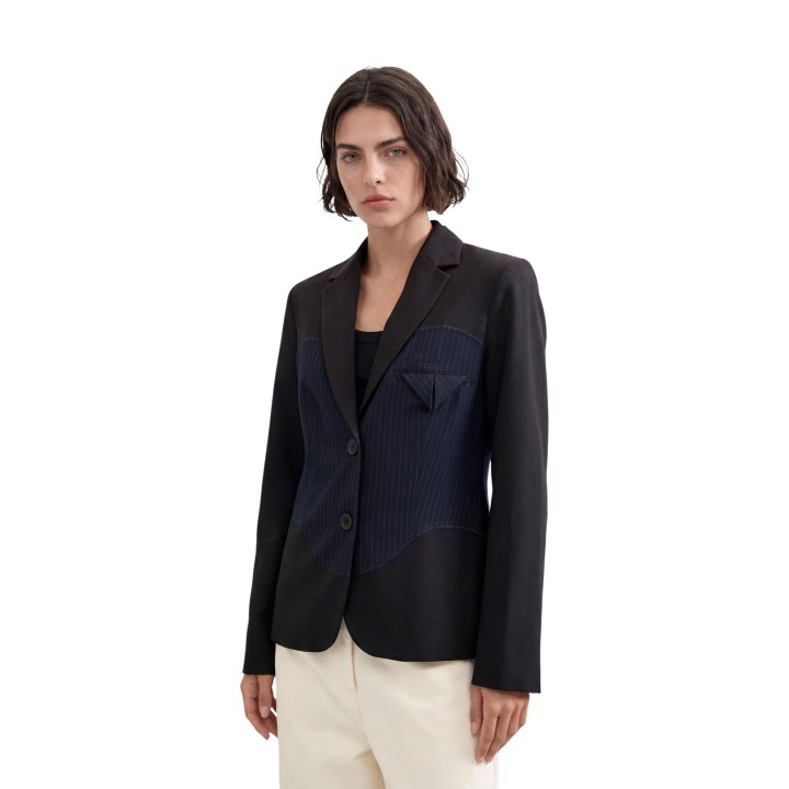 Desigual blazer de mujer azul marino y negro con rayas vista frontal
