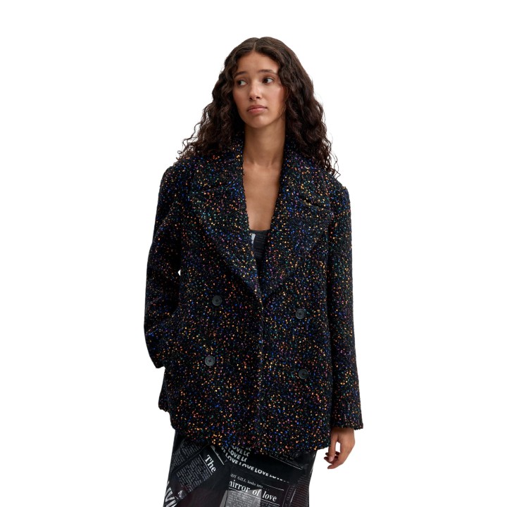 Desigual abrigo de mujer negro de tejido multicolor vista frontal
