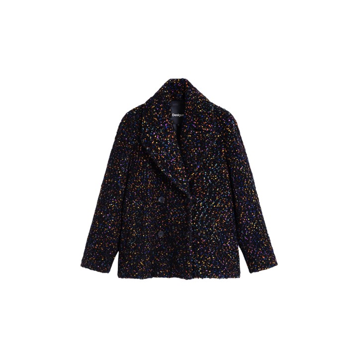 Desigual abrigo de mujer negro de tejido multicolor vista frontal