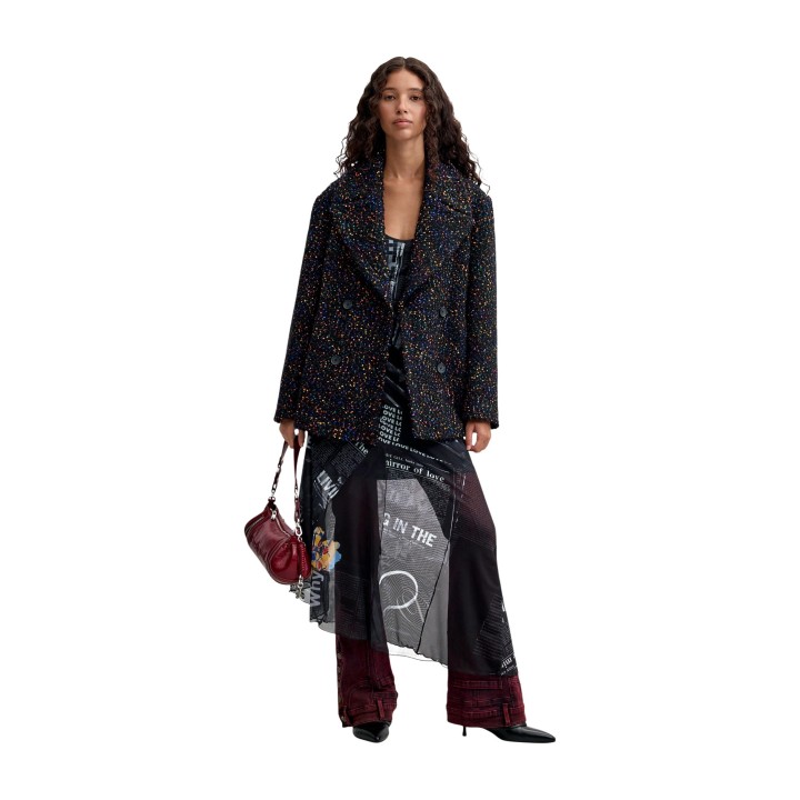 Desigual abrigo de mujer negro de tejido multicolor vista frontal de cuerpo entero