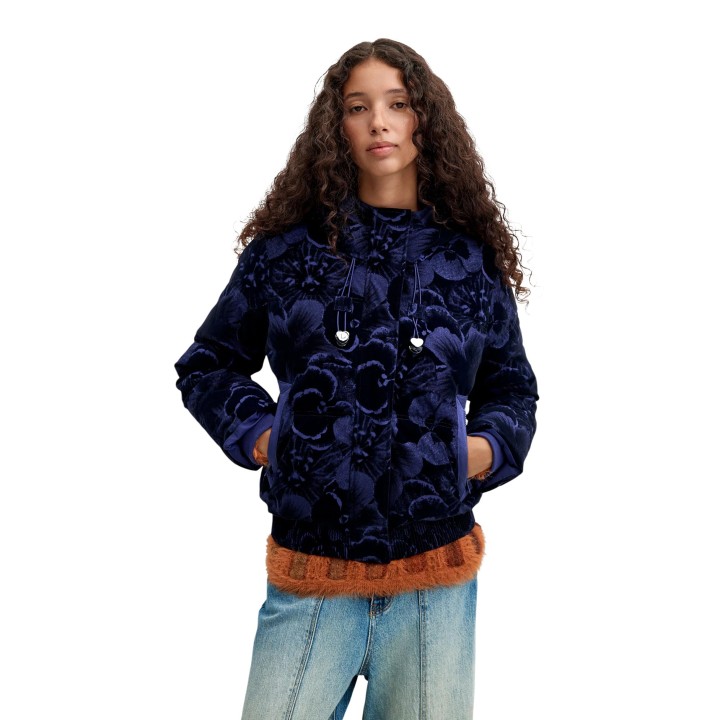 Desigual chaqueta acolchada de mujer azul con estampado floral vista frontal