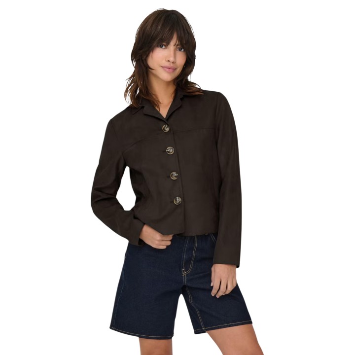 Chaqueta de mujer Jacqueline de Yong JDYNICO de ante sintético marrón oscuro vista frontal