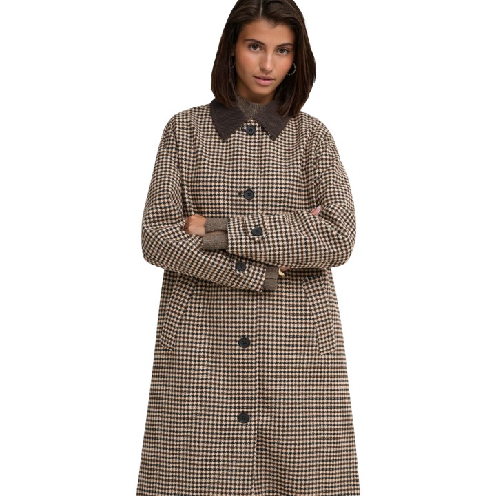 Jacqueline de Yong abrigo de mujer café Jdyvalerie Check Coat detalle del cuello y botones