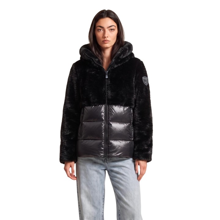 Blauer. FANEVIL chaqueta de mujer negra de tejido efecto pelo vista frontal