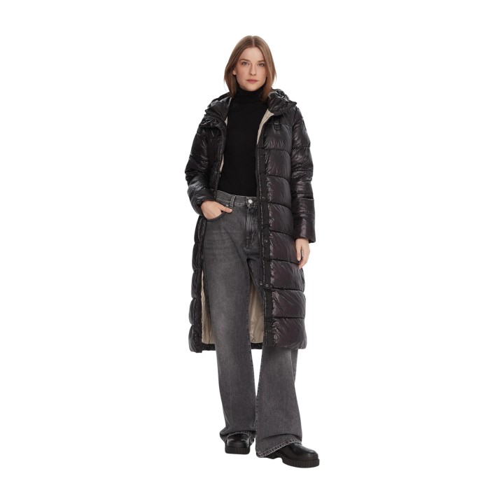 Blauer. chaqueta larga de mujer Adelaide negra y beige vista frontal