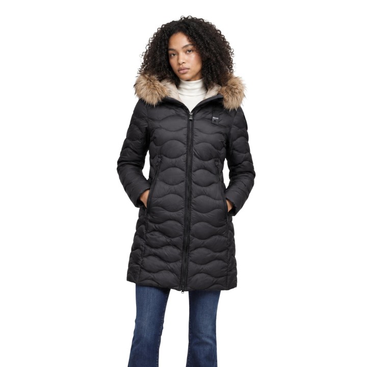 Blauer. chaqueta de mujer negra y beige con capucha vista frontal