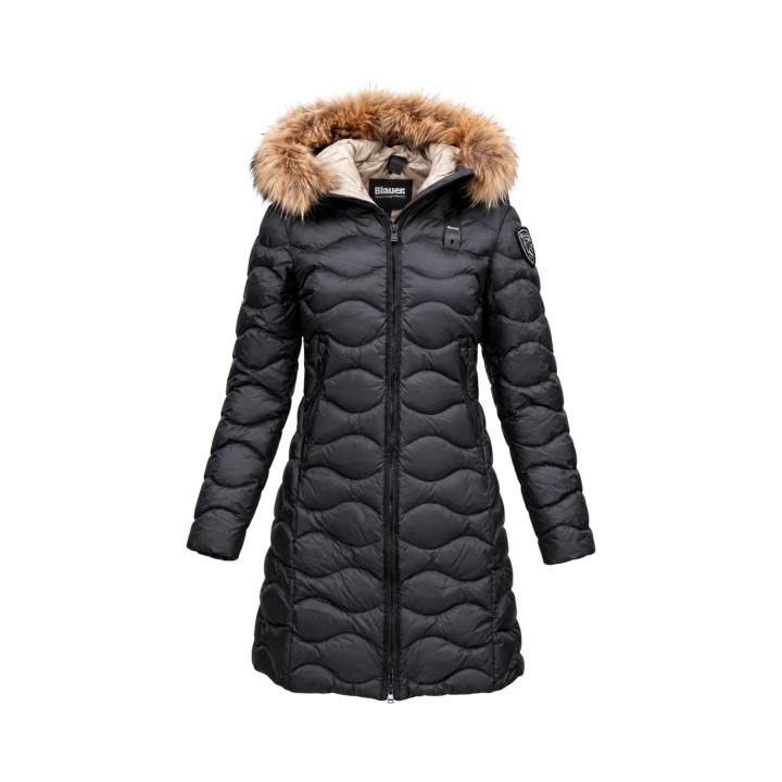 Blauer. chaqueta de mujer negra y beige con capucha vista frontal