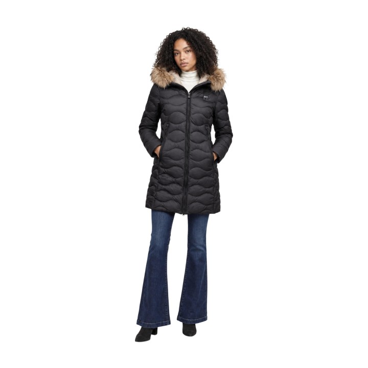 Blauer. chaqueta de mujer negra y beige con capucha vista frontal