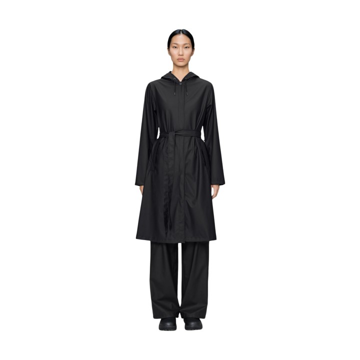 Rains gabardina de mujer negra modelo 12040 vista frontal con capucha y cinturón