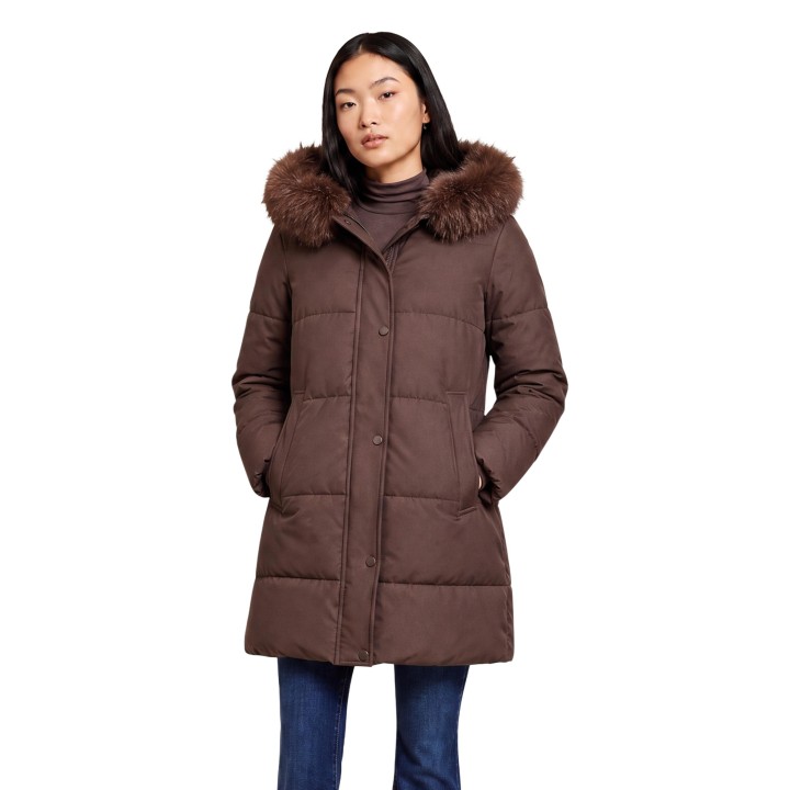 Choral chaqueta acolchada de mujer marrón oscuro con capucha de pelo vista frontal