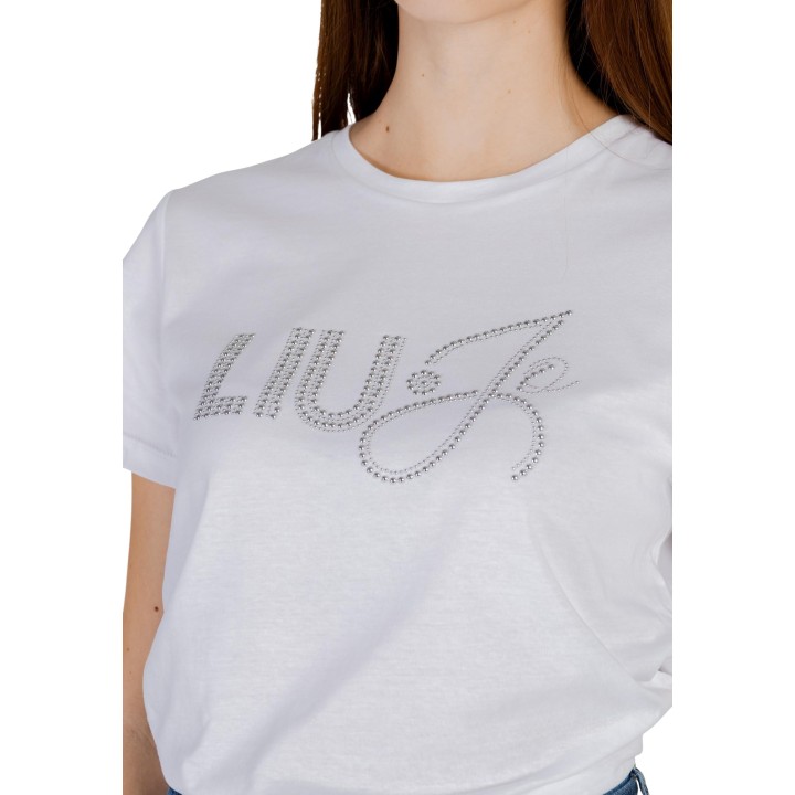 Detalle frontal del logo de Liu-Jo en camiseta blanca de mujer WA6491 JS923