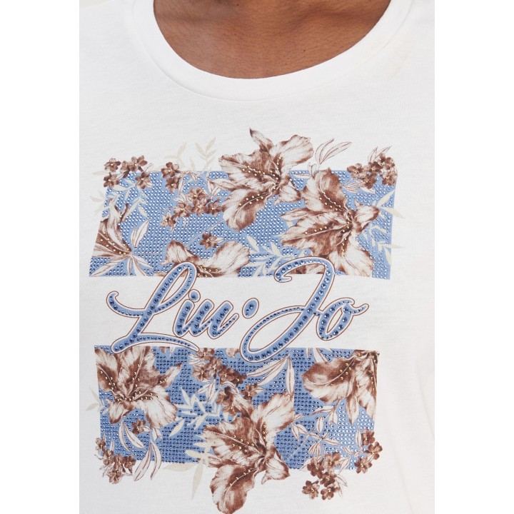 Detalle frontal del estampado floral de la camiseta Liu-Jo blanca