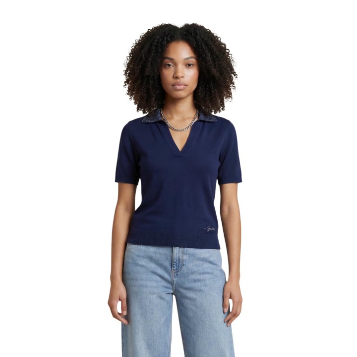 Guess camiseta polo de mujer azul de lana merino vista frontal