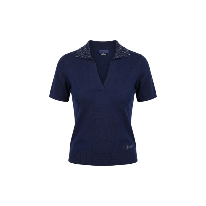 Guess camiseta polo de mujer azul de lana merino detalle frontal