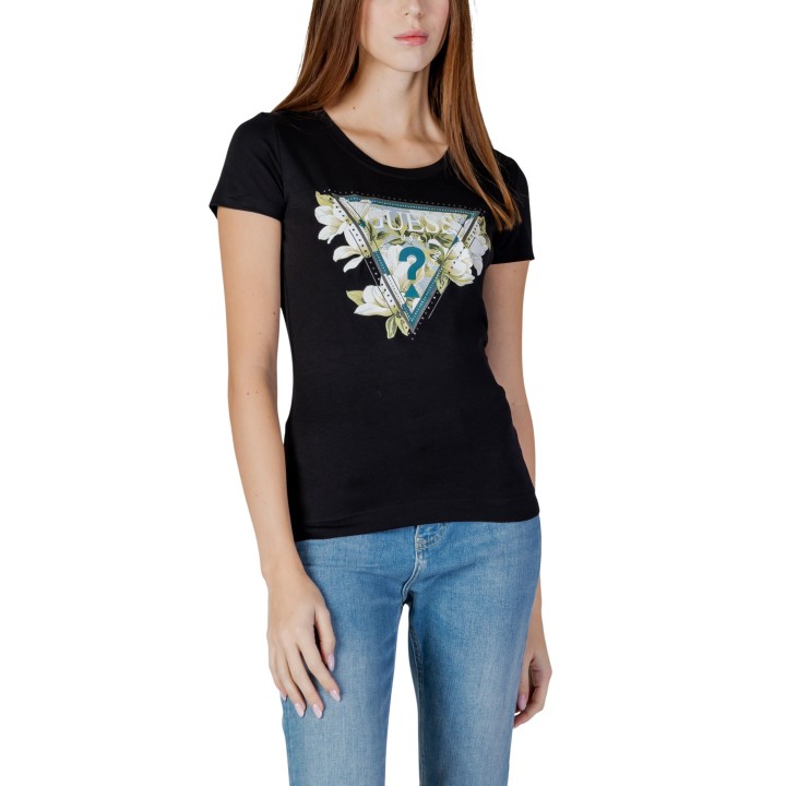 Camiseta Guess de mujer negra con estampado floral vista frontal