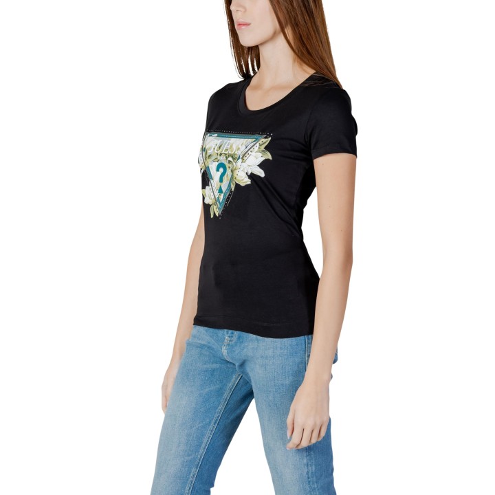 Camiseta Guess de mujer negra con estampado floral vista lateral